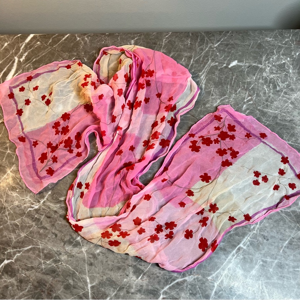 Vintage Silk Scarf Blossoms Red Pink White